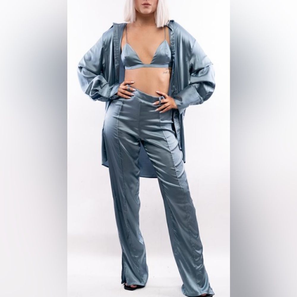 PrettyLittleThing Blue Satin Triangle Bralette & Wide Leg Trouser Set